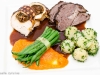 Peppered Beef, Supreme of Chicken filled with Wild Mushrooms served with a Carrot Puree, Bundle of Fine Green Beans and Steamed New Potatoes tossed in Fresh Parsley with a Red Wine Jus