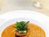Roasted Mediteranean Vegetable Soup, Garnished with a Stack Of Char-Grileld Mediteranean Vegetables topped with Deep Fried Basil